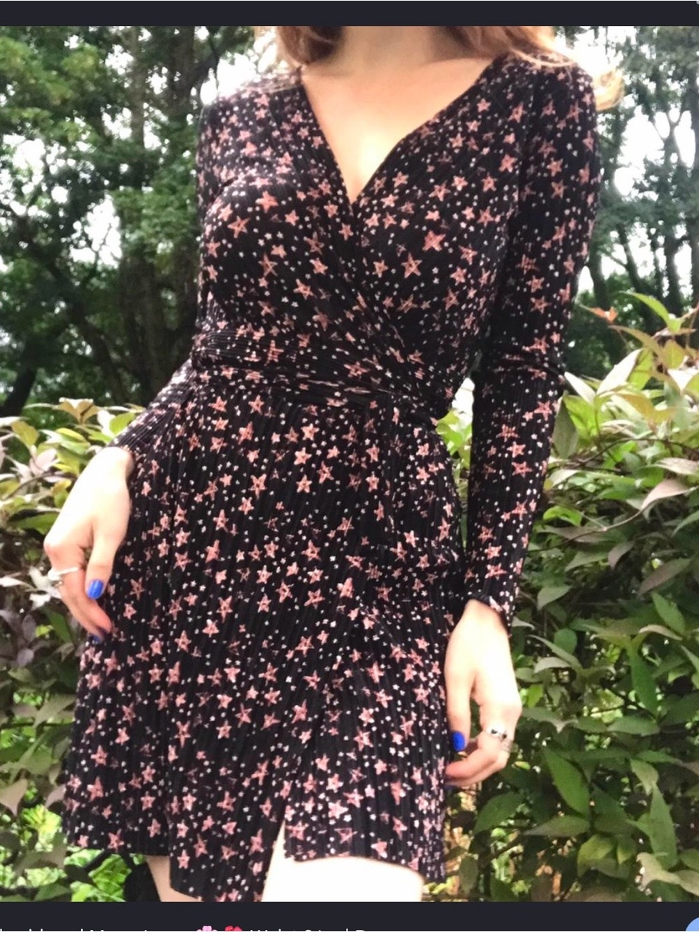 Topshop Black Wrap Long-Sleeve Dress Golden Pink Star Print Celestial